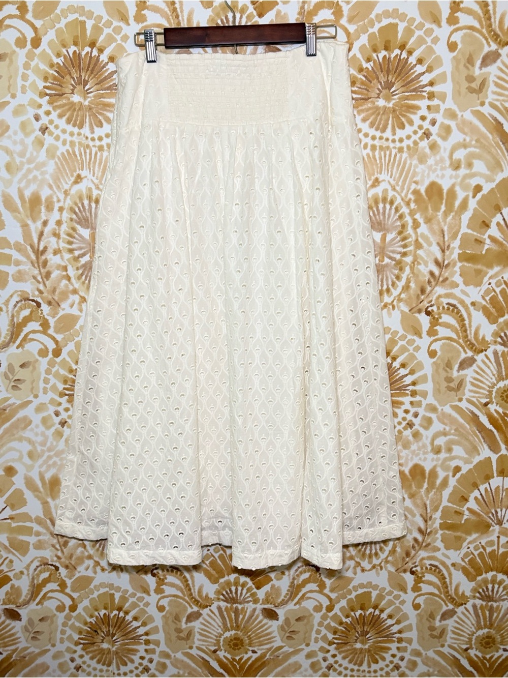 Anthropologie White Eyelet Button Front Midi Skirt | Boho Cottagecore Coastal - Picture 4 of 10